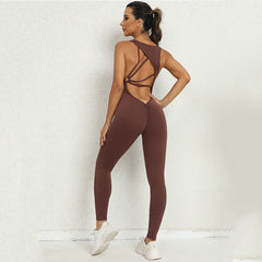 Yoga Jumpsuit V-shaped Back Design Sleeveless Fitness Running Sportswear Stretch Tights Pants For Womens Clothing