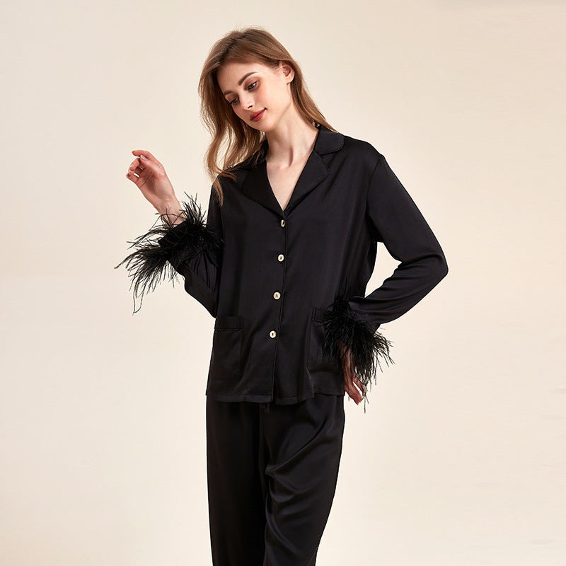 Removable Feather Ice Silk Pajamas Women Ostrich Feather Home Wear Suit